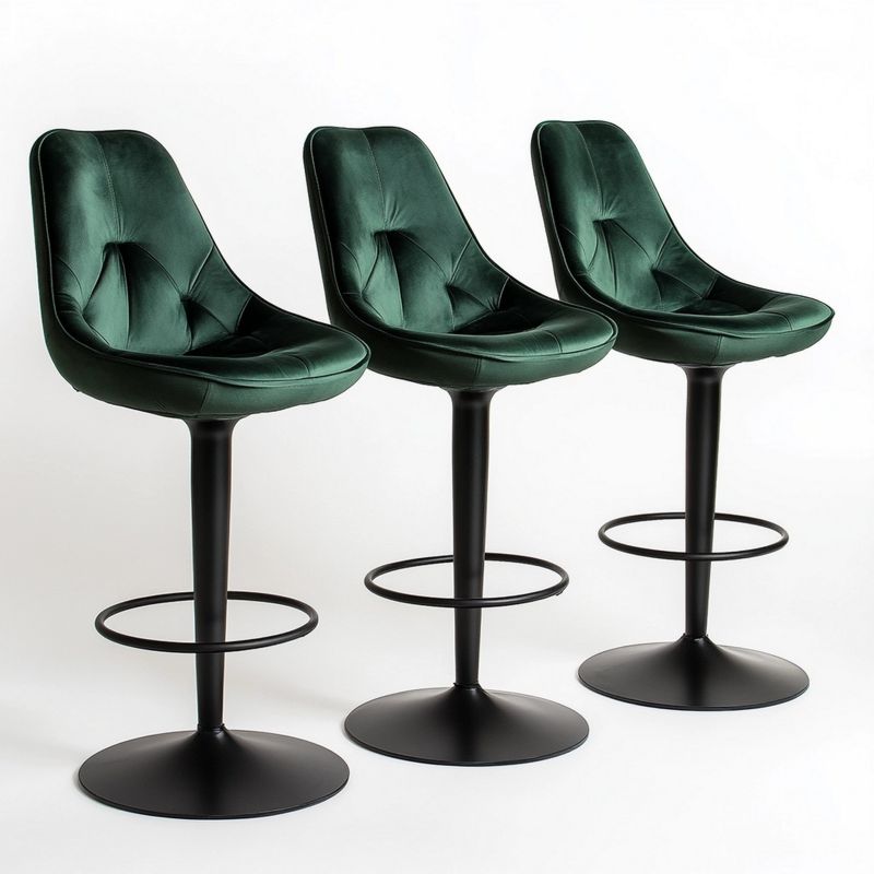 Set 3 Sgabelli da Bar in Velluto con Altezza Regolabile e Seduta Girevole, Base Nera, Montaggio Facile