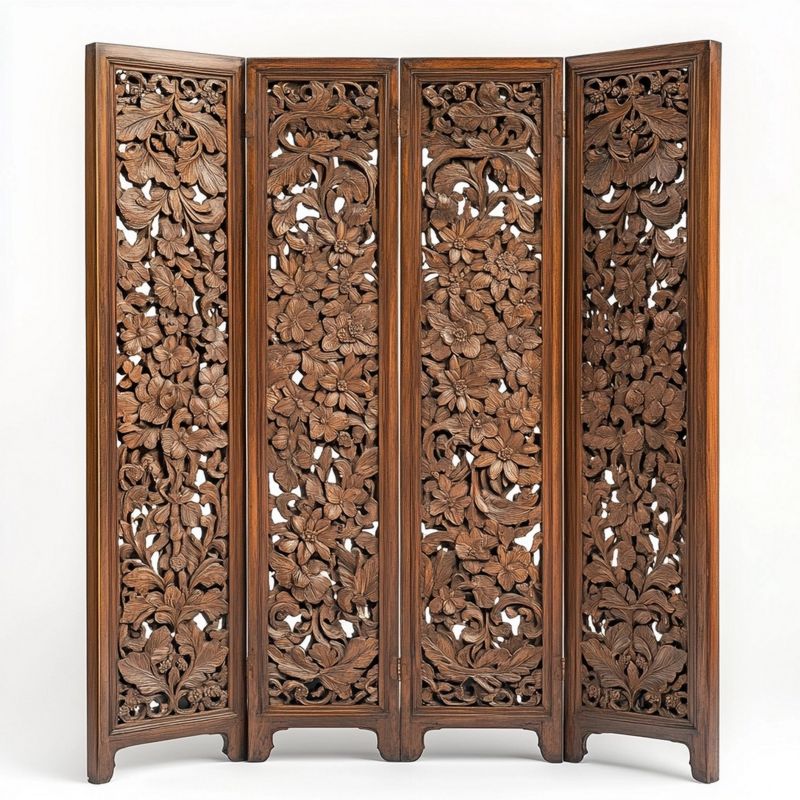 Paravento pieghevole in legno massello di mango intagliato a mano, 4 pannelli da 40 cm, senza montaggio
