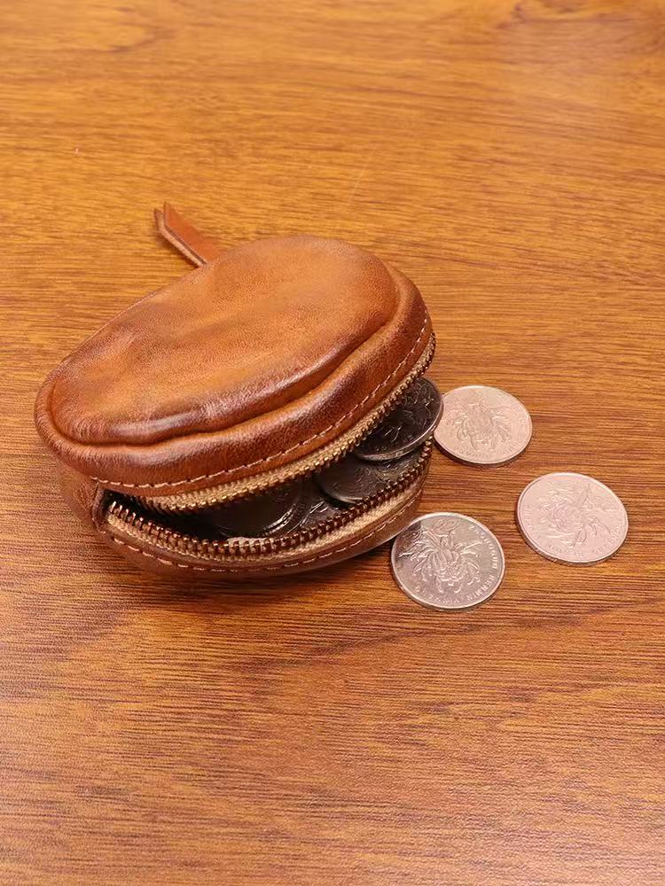 Round  Coin Purse cowhide Storage Change Small Bag