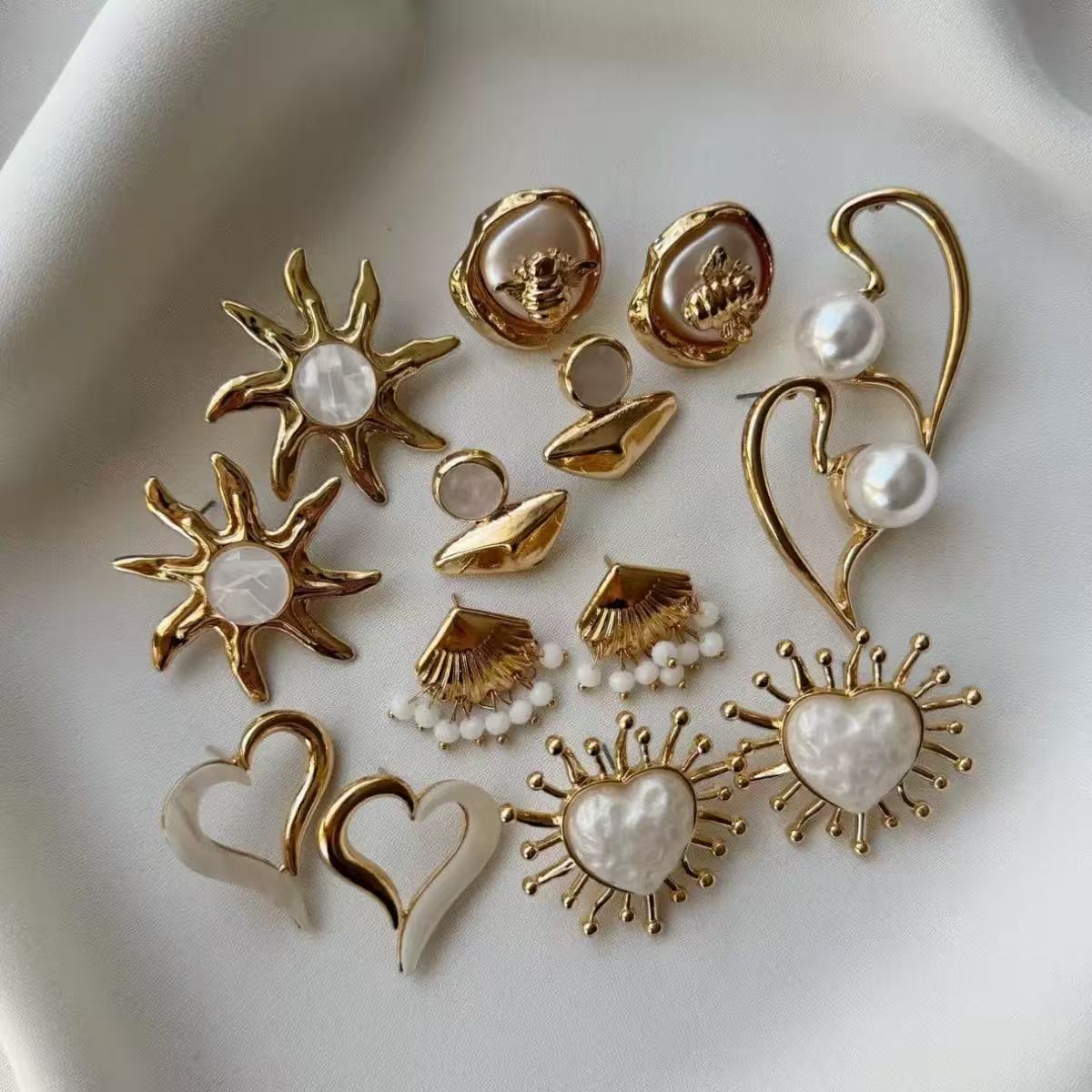 Earrings women alloy earrings suit silver geometric stylish exaggerated earrings inlaid with pearl earrings