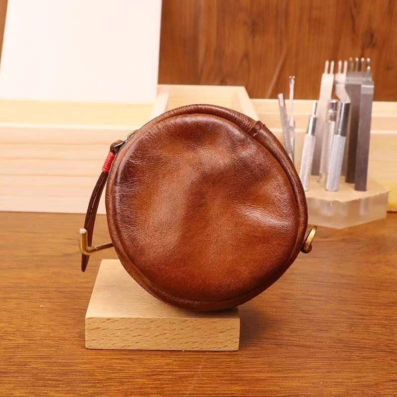 Round  Coin Purse cowhide Storage Change Small Bag