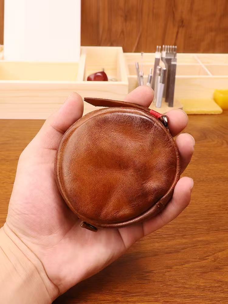 Round  Coin Purse cowhide Storage Change Small Bag