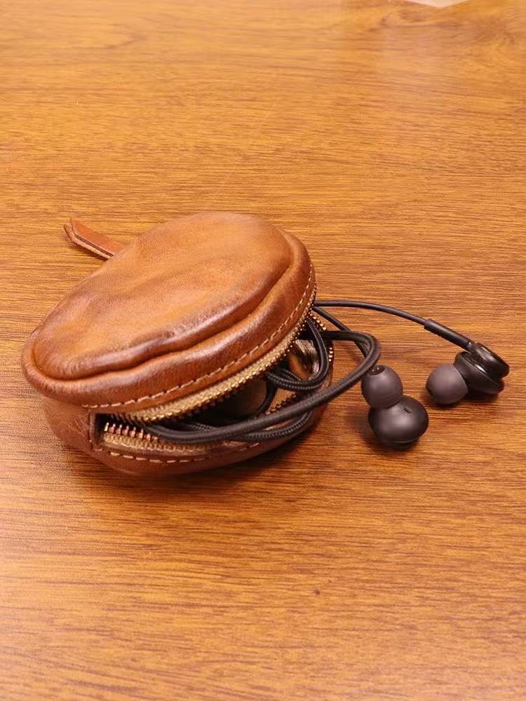 Round  Coin Purse cowhide Storage Change Small Bag