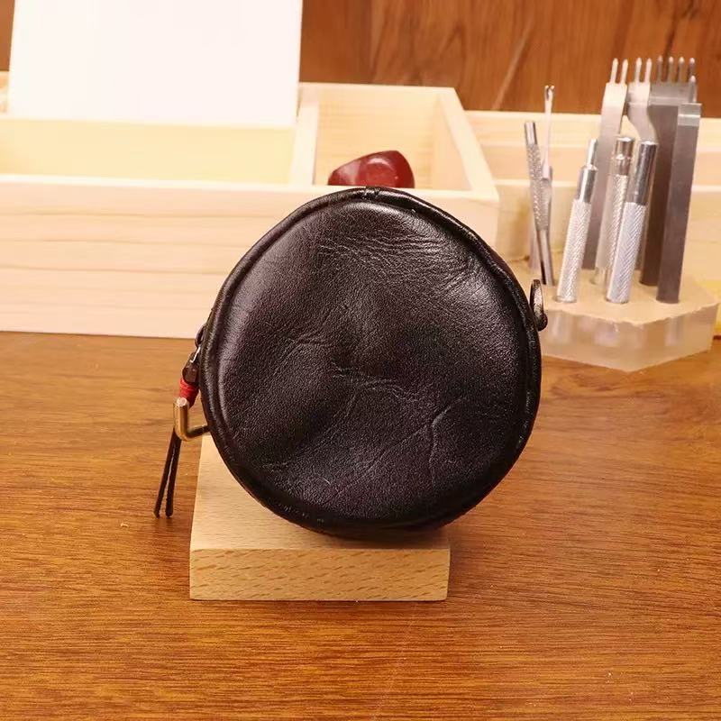 Round Coin Purse cowhide Storage Change Small Bag