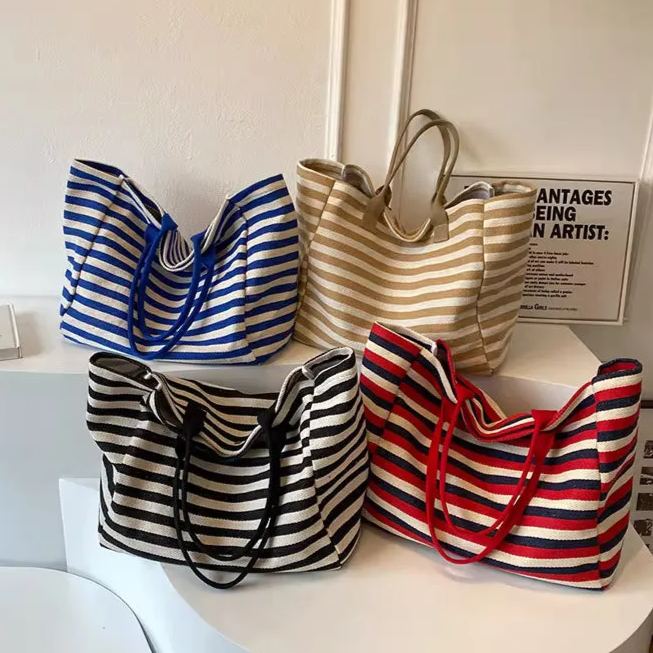 Canvas tote bag women's stripes large capacity lazy style shoulder crossbody hand carrying mommy tote canvas