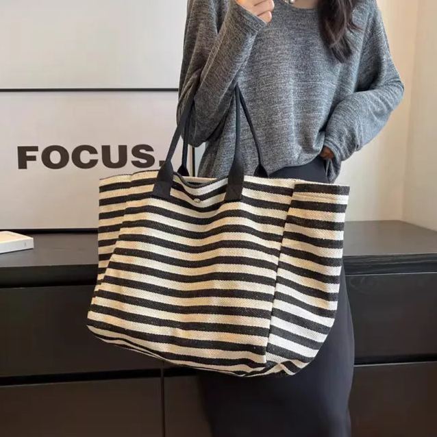 Canvas tote bag women's stripes large capacity lazy style shoulder crossbody hand carrying mommy tote canvas