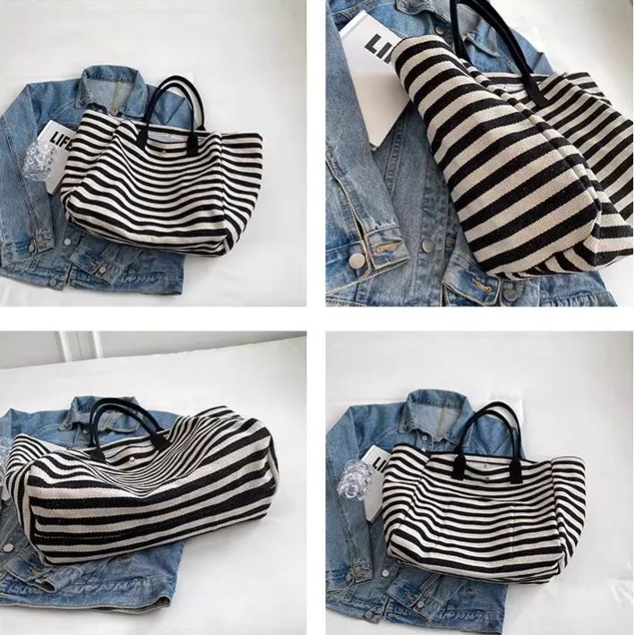 Canvas tote bag women's stripes large capacity lazy style shoulder crossbody hand carrying mommy tote canvas