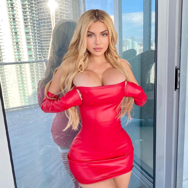 Sexy PU strapless, waist-cinching, bodycon dress with sleeves for women