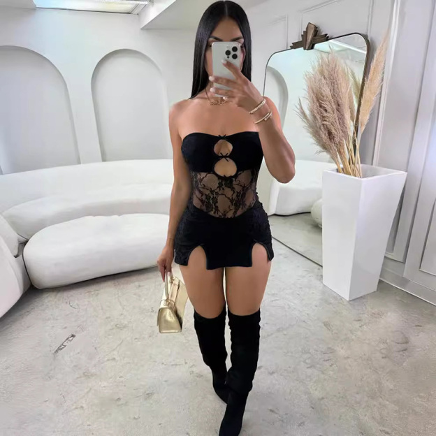 Sexy sheer lace patchwork hollow-out strapless bodycon dress with a slit