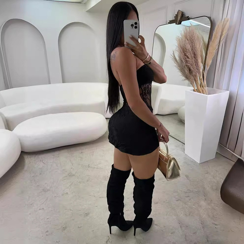 Sexy sheer lace patchwork hollow-out strapless bodycon dress with a slit