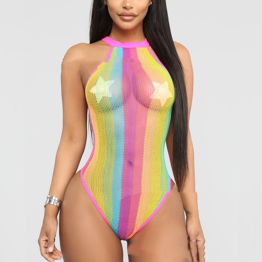 Sexy mesh woven colorful striped sheer bodysuit