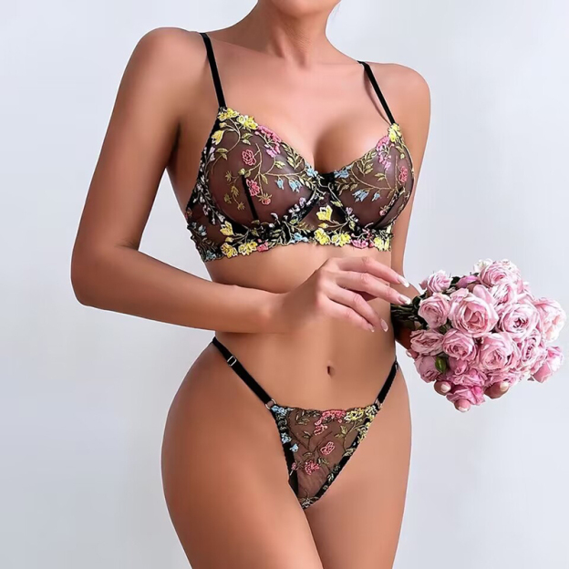 Sexy Embroidered Floral Color-Blocked Bra Set