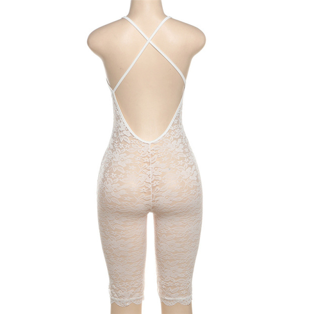 Sexy deep V-neck lace sleeveless high-waisted slim-fit jumpsuit