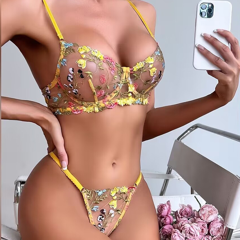 Sexy Embroidered Floral Color-Blocked Bra Set