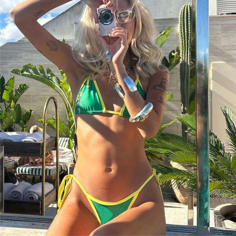 Bikini two-piece swimsuit with a halter neck and three-point tie closure