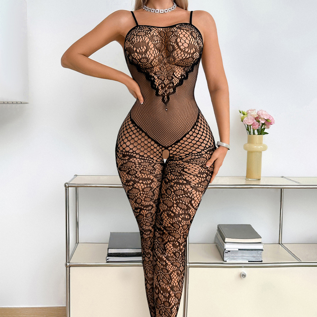 Sexy vintage jacquard strapless stretchy bodycon open-crotch backless suspender bodysuit