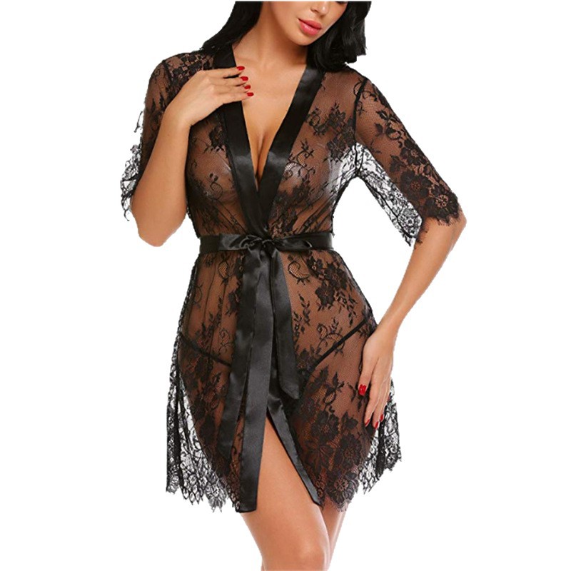 Sheer lace deep V-neck loungewear nightgown with straps and eyelashes set