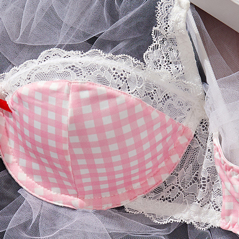 Pink, girlish, lace, checkered, contrasting color, sexy and playful lingerie set