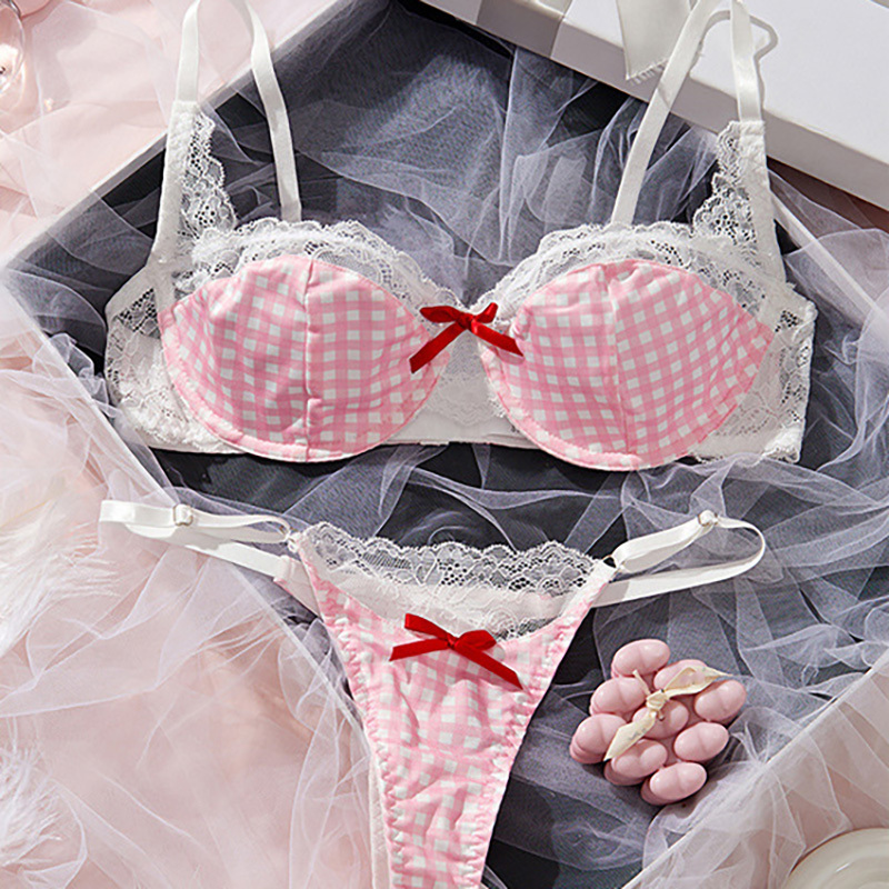 Pink, girlish, lace, checkered, contrasting color, sexy and playful lingerie set