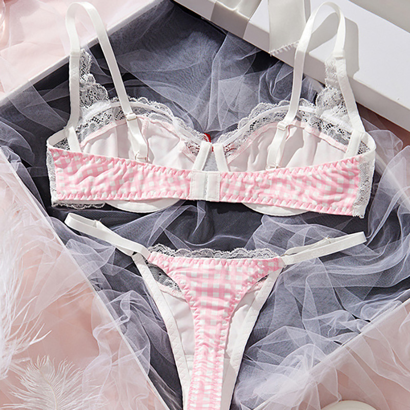 Pink, girlish, lace, checkered, contrasting color, sexy and playful lingerie set