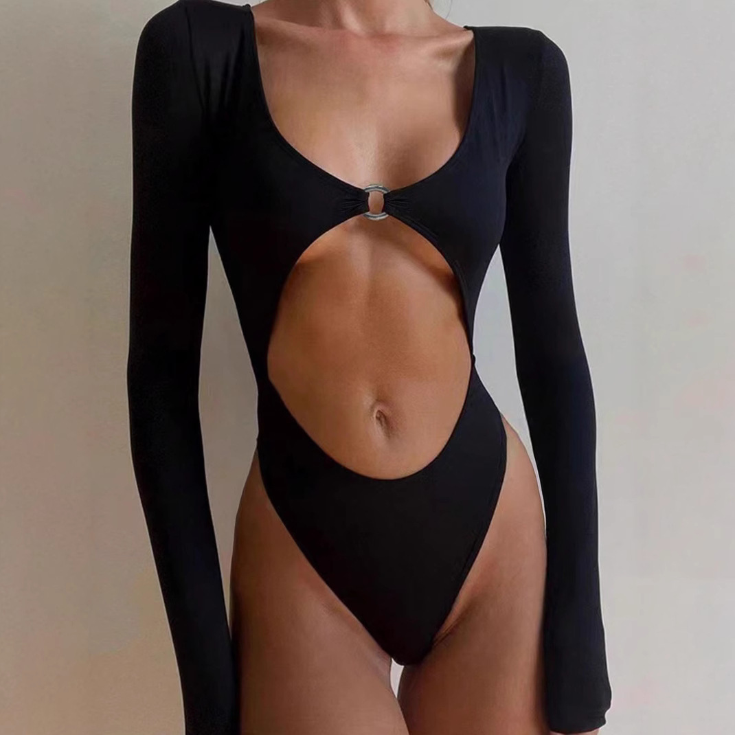 Sexy U-neck long-sleeved bodysuit with a cutout at the waist.