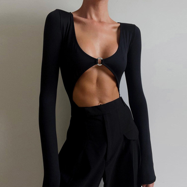 Sexy U-neck long-sleeved bodysuit with a cutout at the waist.