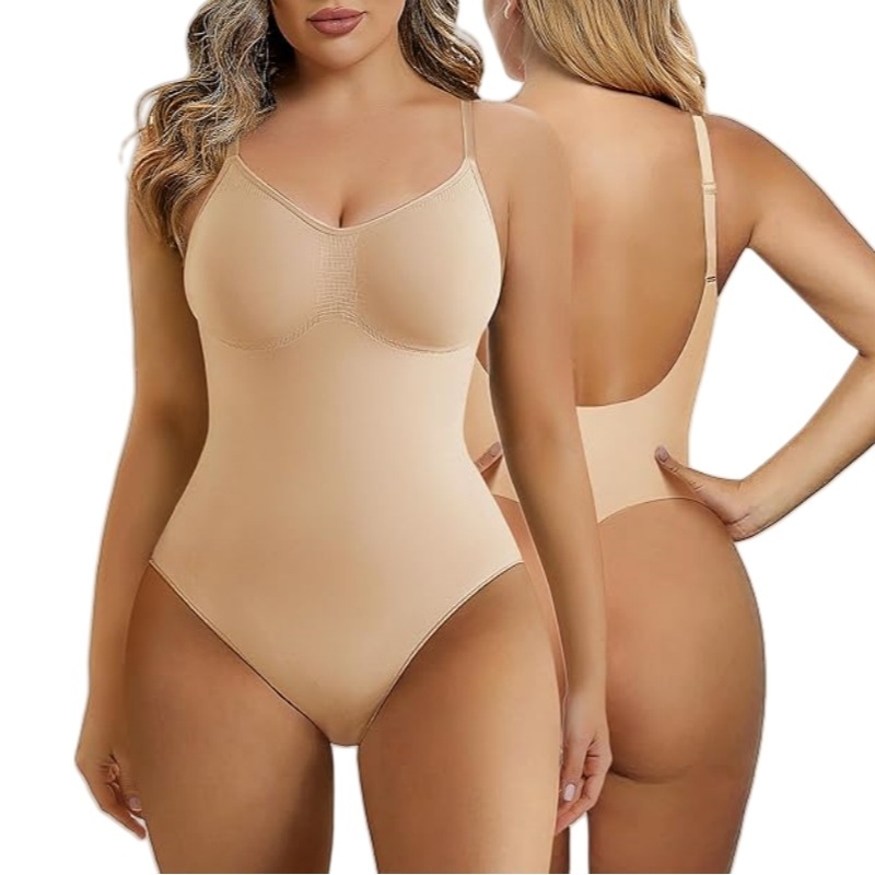 Plus size butt-lifting seamless shapewear with open back and thong design
