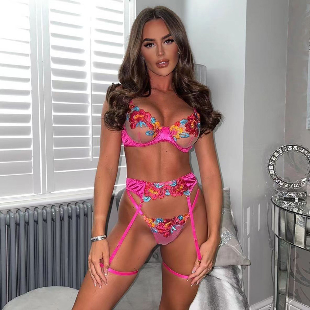 Sexy, color-blocked, embroidered floral bra and garter belt set