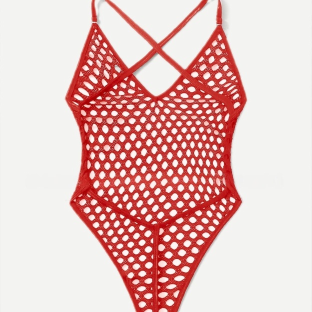 Strappy, sheer, one-piece mesh bodysuit