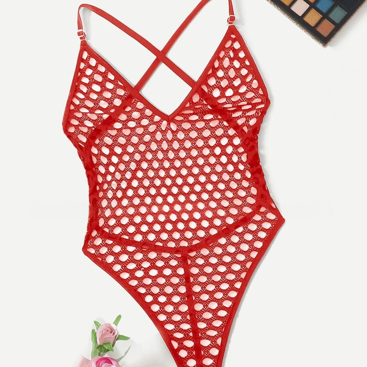 Strappy, sheer, one-piece mesh bodysuit