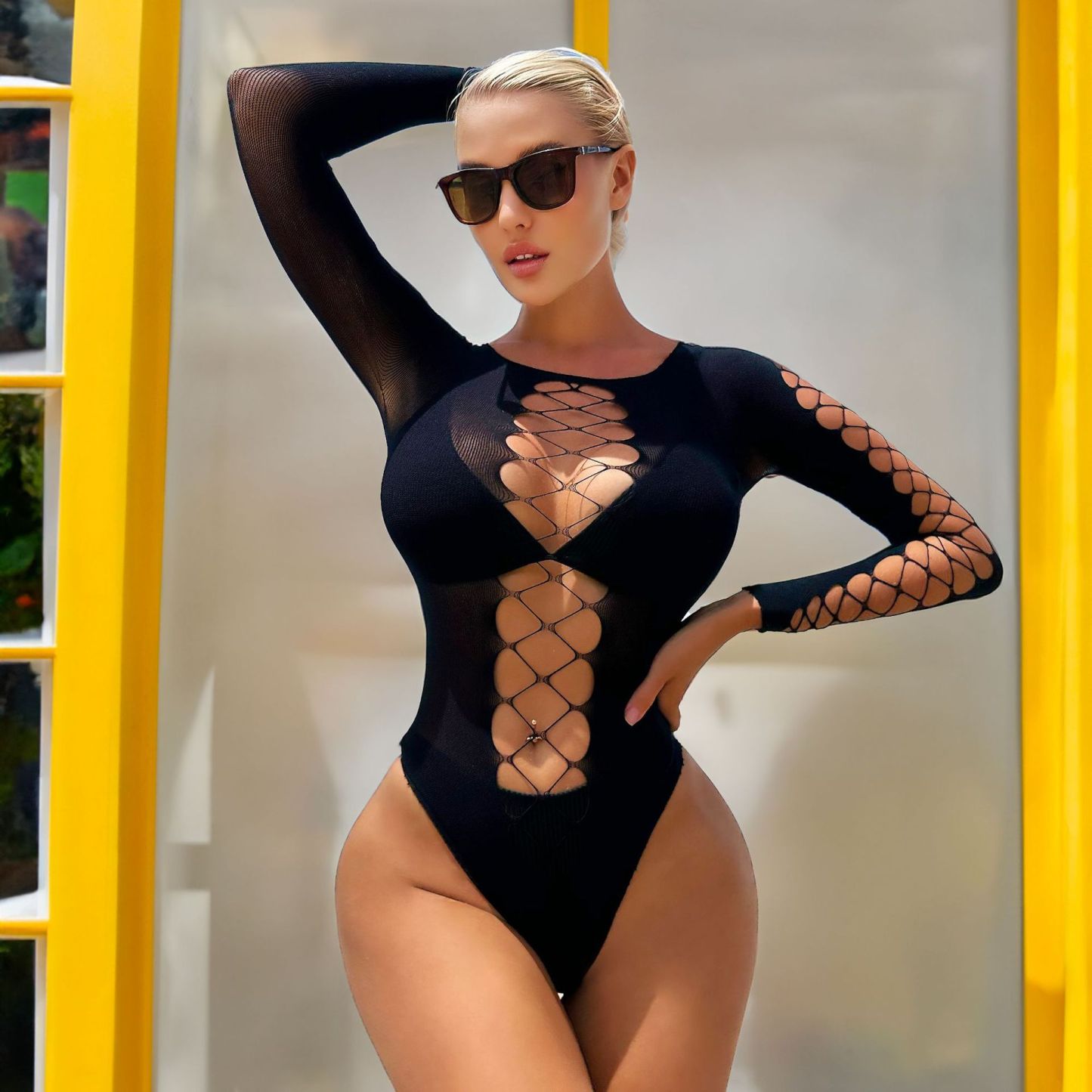 Black strapless, cut-out bikini-style tight-fitting lingerie