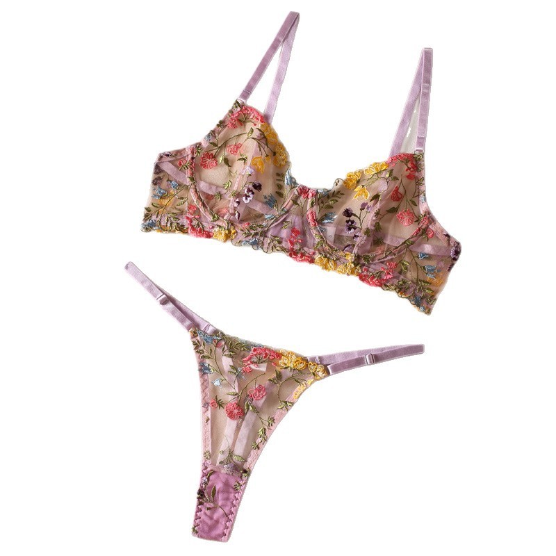 Sexy Embroidered Floral Color-Blocked Bra Set