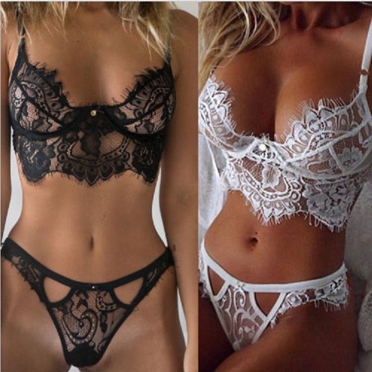 Sexy lingerie, seductive underwear, eyelash lace three-piece intimate set.