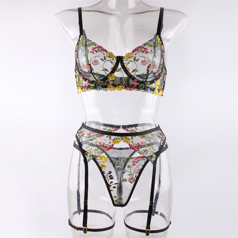 Embroidered multi-colored floral bra, sheer lingerie three-piece set
