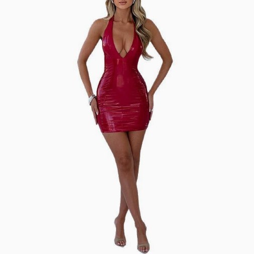 Mirror-finish PU halter-neck V-neck bodycon dress