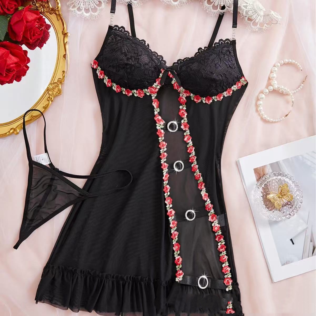 Sexy lingerie: red lips pattern, sheer slip dress, nightgown, and camisole set.