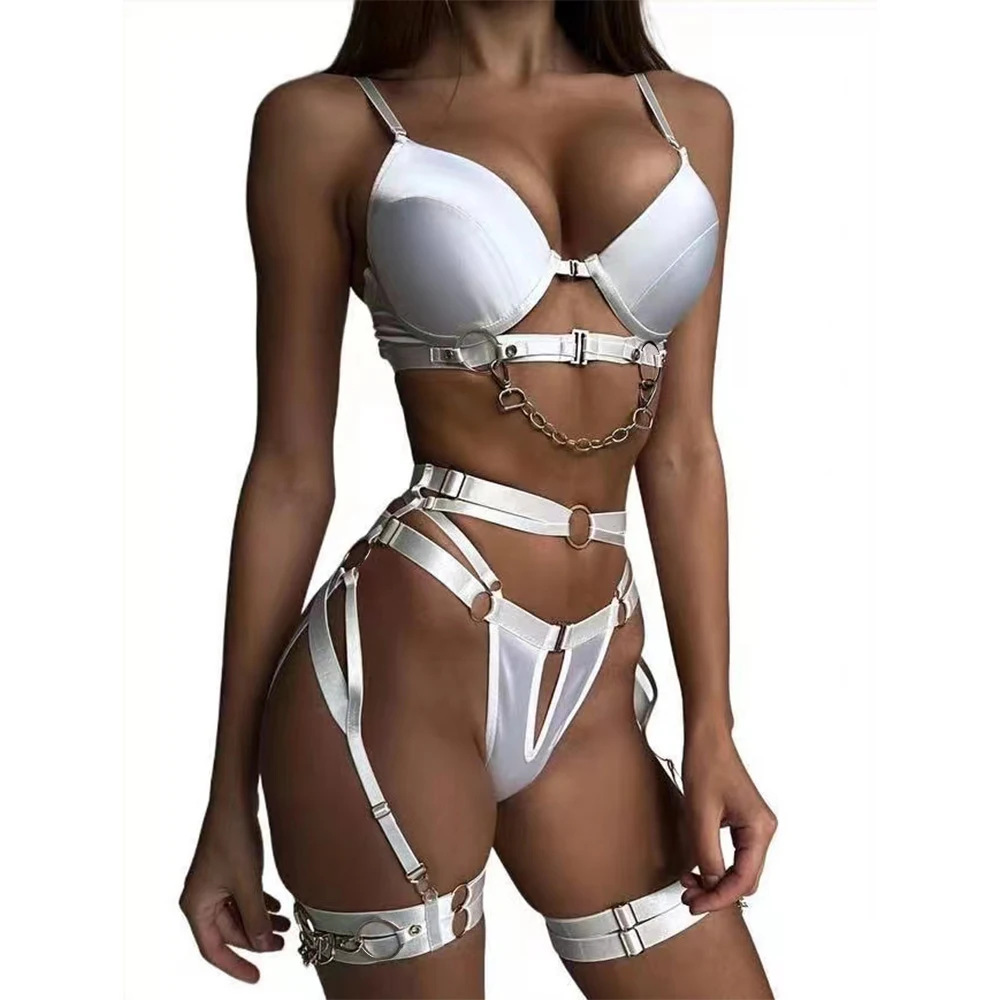 Sexy metal chain embellished solid color open-front lingerie set