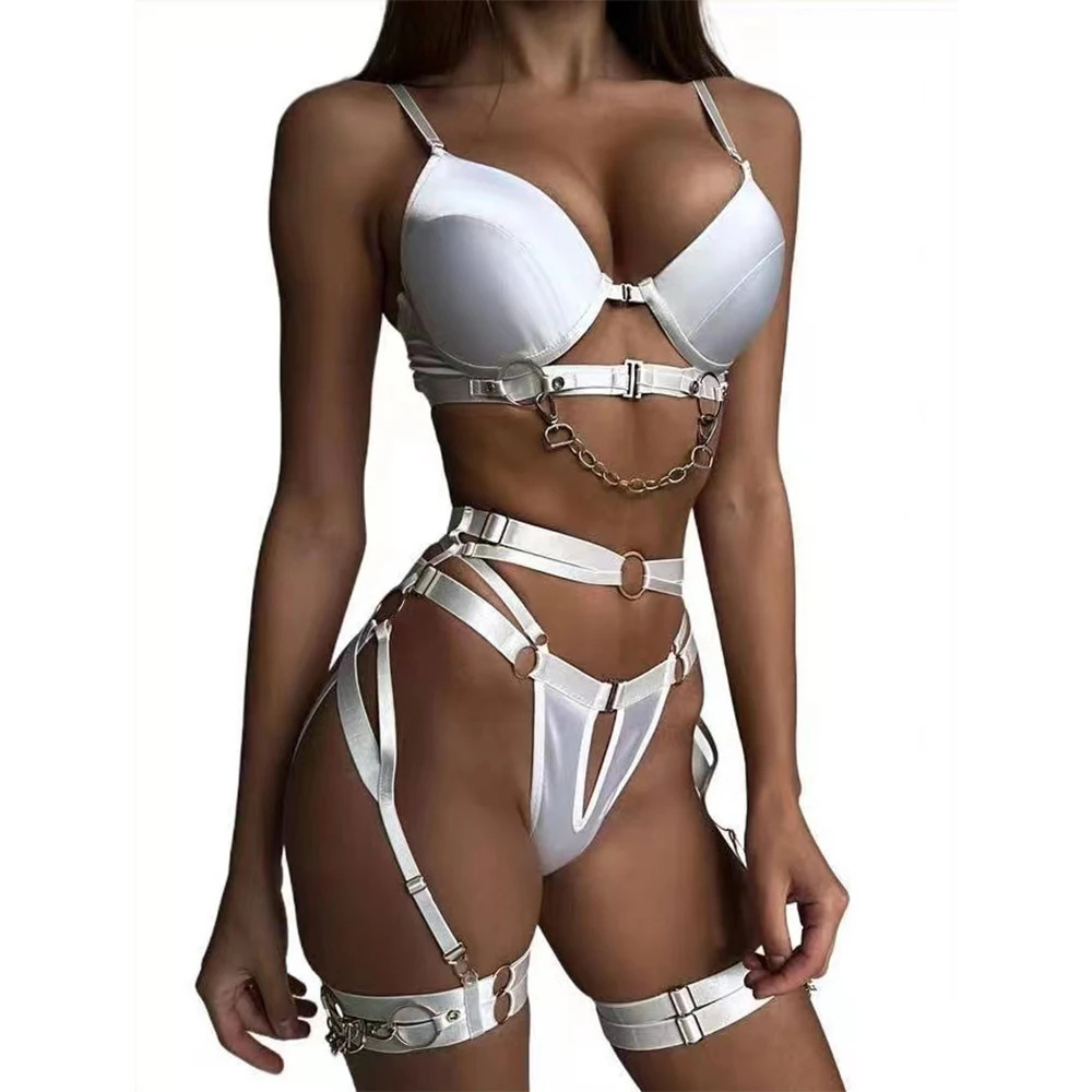 Sexy metal chain embellished solid color open-front lingerie set