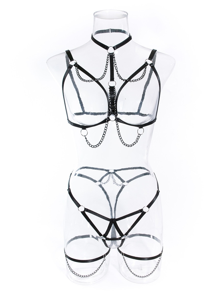 Heavy metal chain-detail three-piece lingerie set for a sexy look