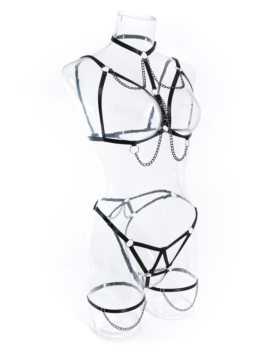 Heavy metal chain-detail three-piece lingerie set for a sexy look