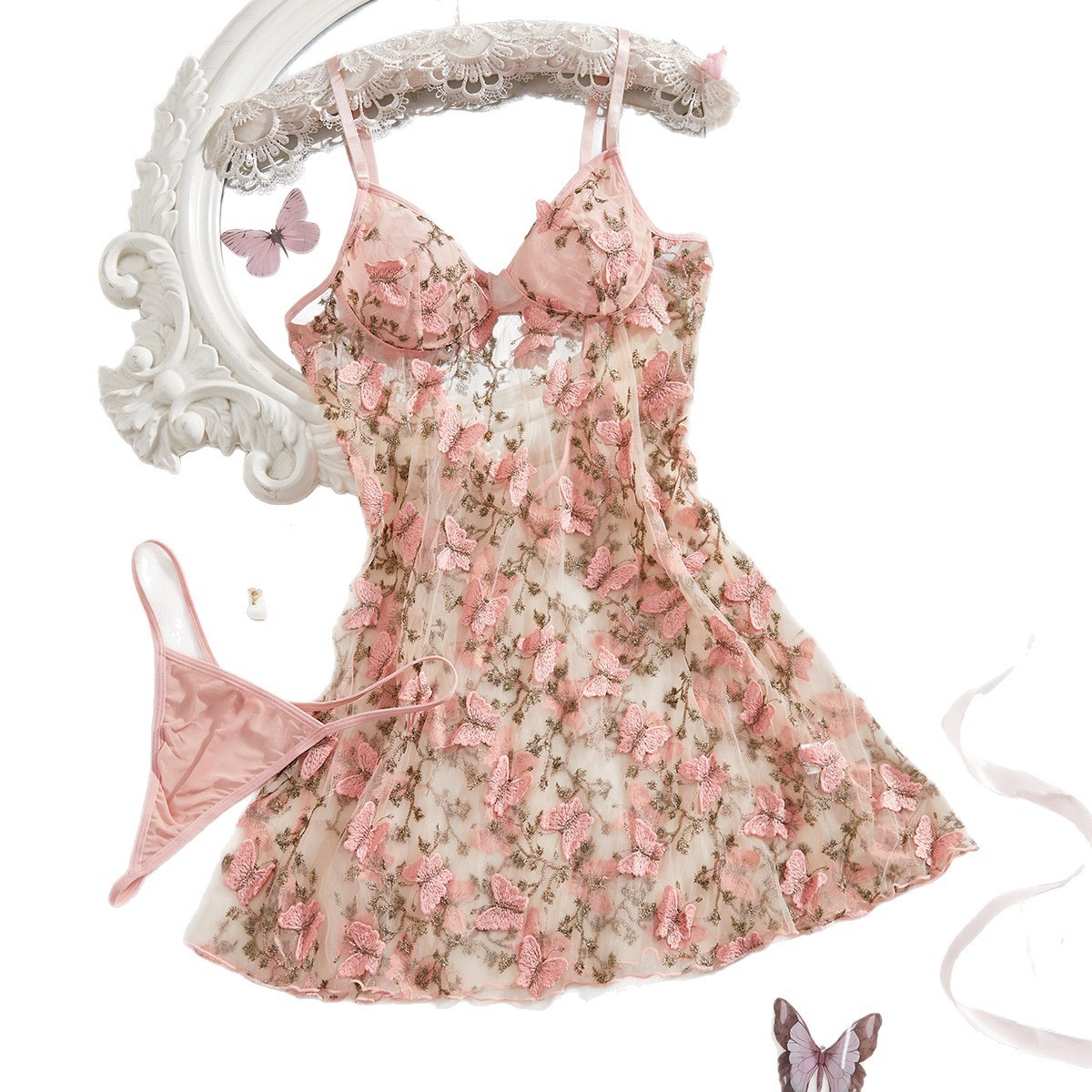 Sexy lingerie set with embroidery, camisole, short skirt, sheer nightgown and panties.