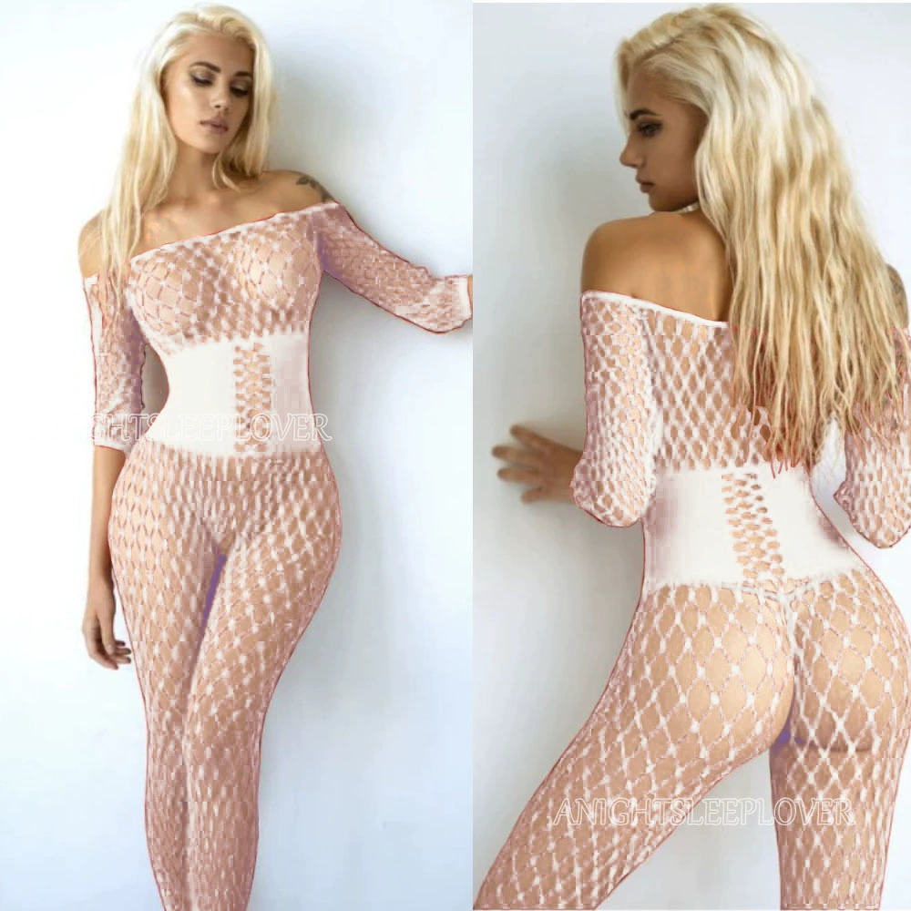 Women's one-shoulder fishnet stockings open crotch hollow bodysuit