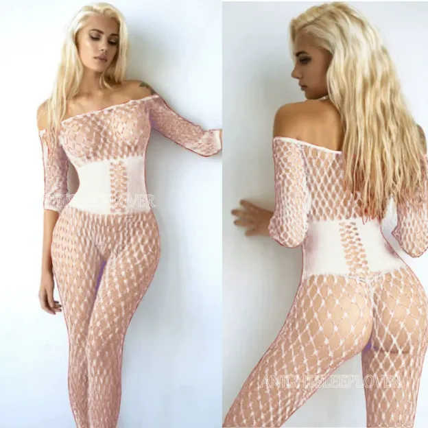 Women's one-shoulder fishnet stockings open crotch hollow bodysuit