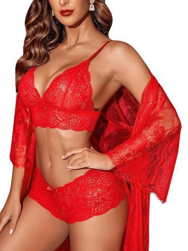 See-through lace rose embroidery sexy lingerie set