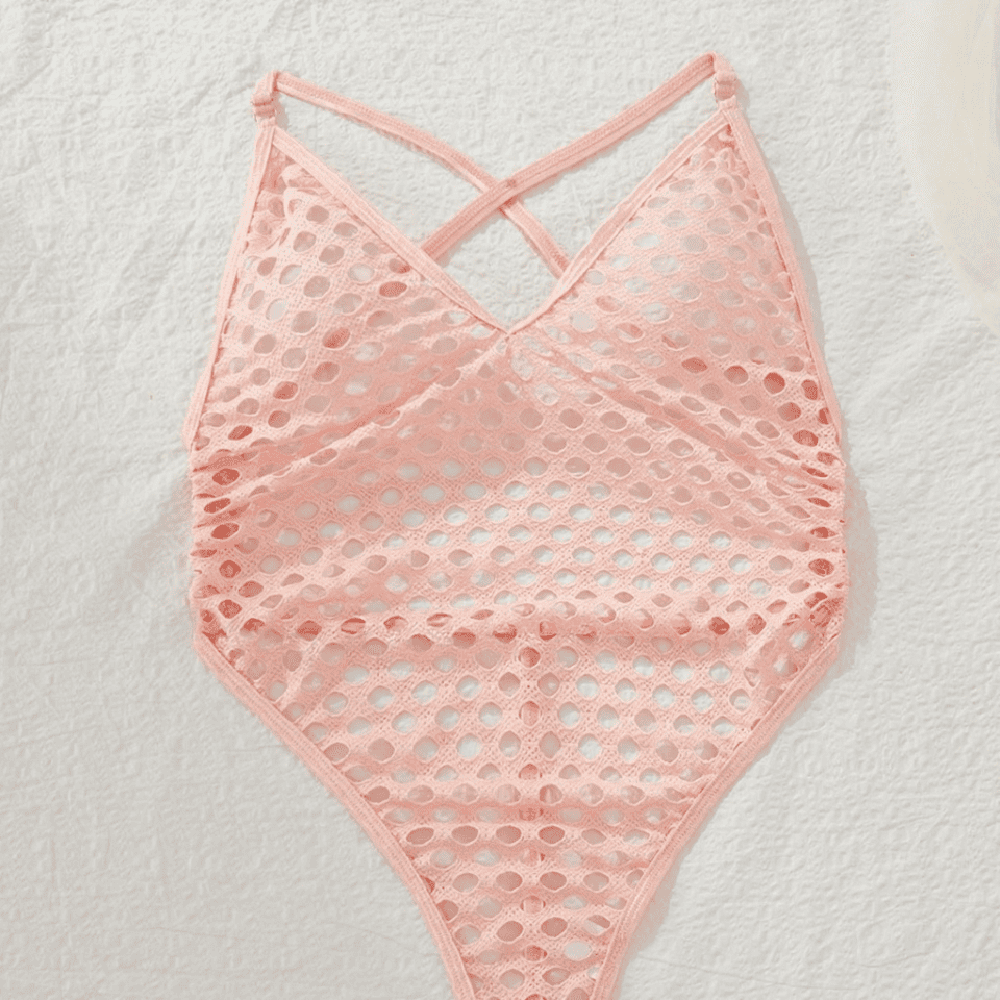 Strappy, sheer, one-piece mesh bodysuit