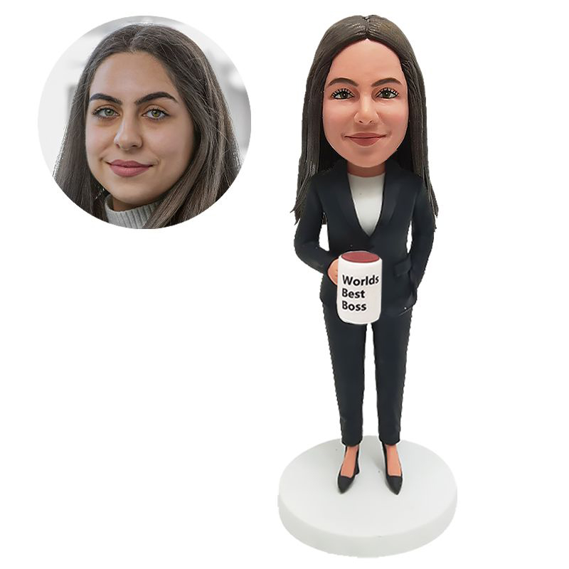 personalized bobble head figure female boss colleague holding a coffee