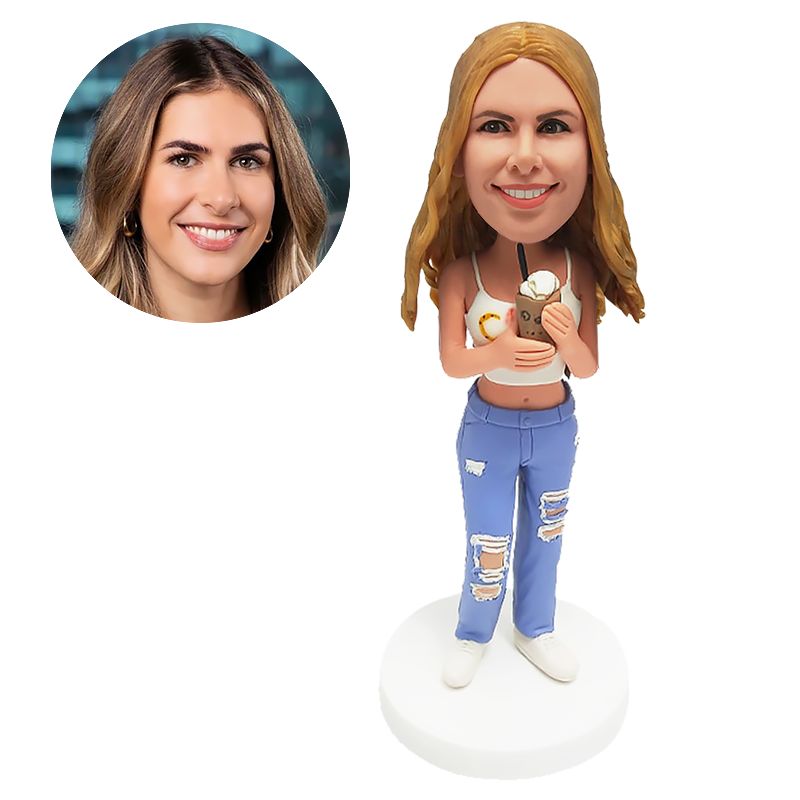 custom bobblehead casual lady holding a drink