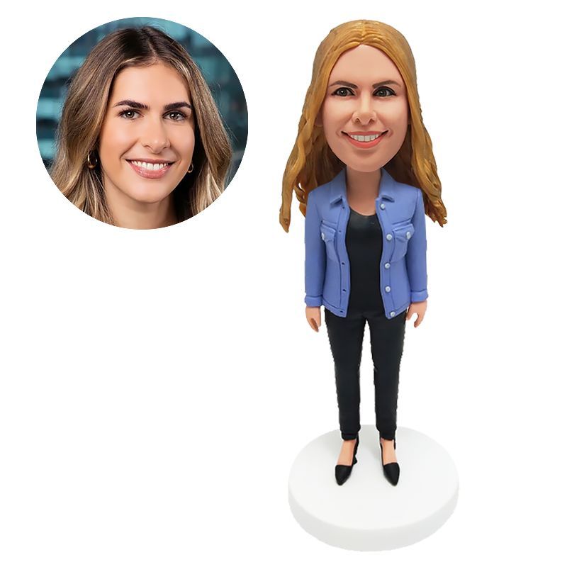 personalised bobble head casual lady in denim jacket