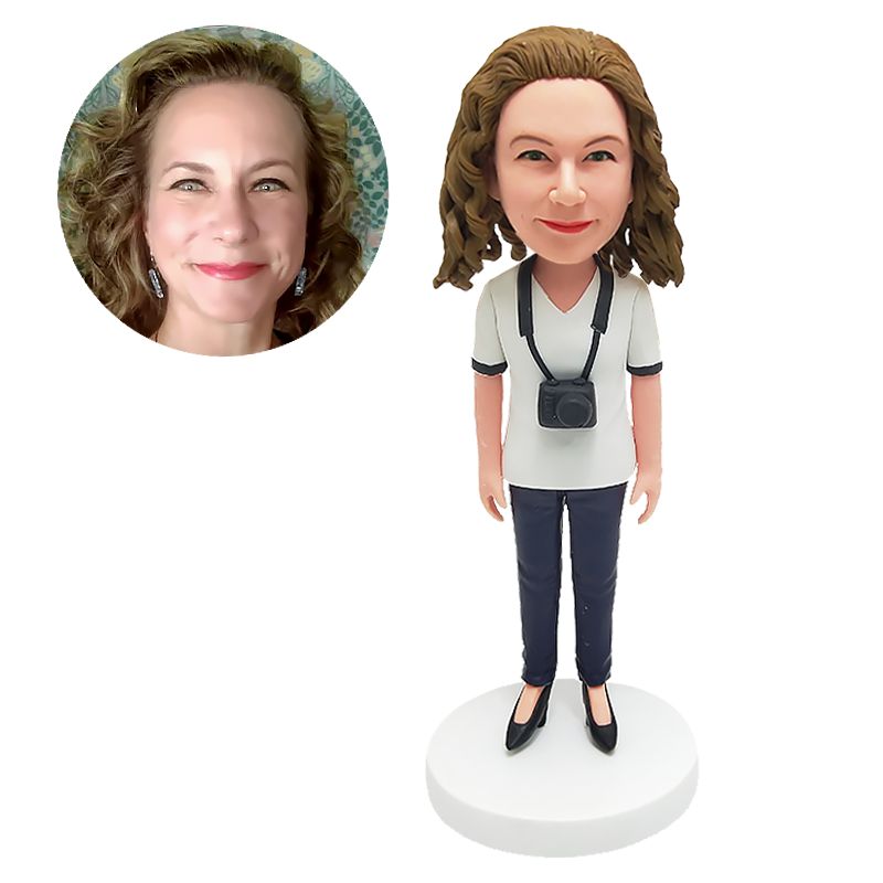 personalised bobble head figure lady with a camera
