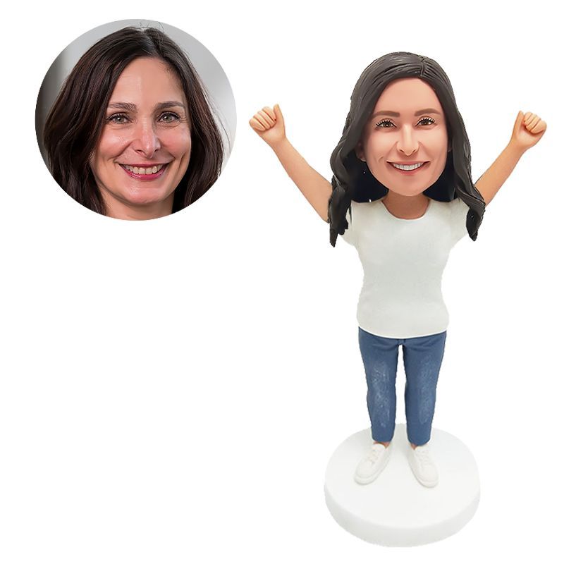 personalized bobblehead casual lady cheering with hands up